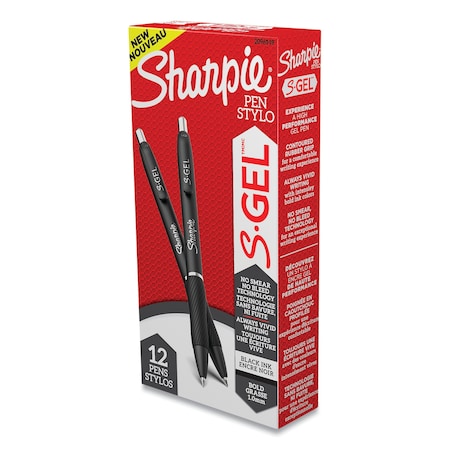 Sharpie S-Gel High-Performance Gel Pen, Retractable, Bold 1 mm, Black Ink, Black Barrel, PK12 PK 2096149